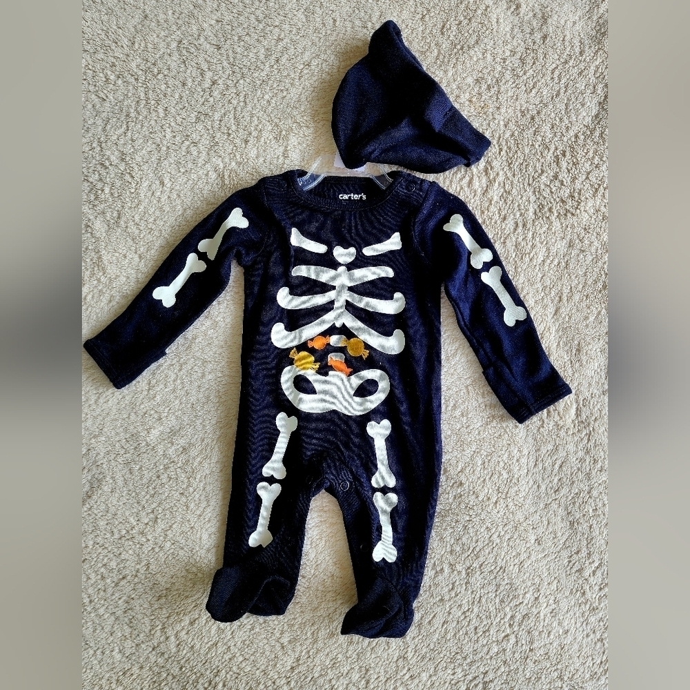 New Carter's Baby girl / boy Halloween Skeleton Jumpsuit & hat outfit, NB, 3 mn